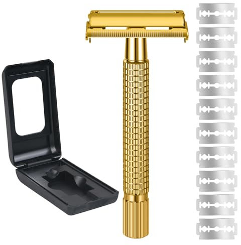 URAQT Rasierhobel Herren, 2-Seitigem Klingenkopf Safety Razor, Edelstahl Nassrasierer, Vintage Hochwertiger Rasierhobel Mit 10 Rasierklingen, Reise-Etui und Eingebautem Spiegel (Gold)