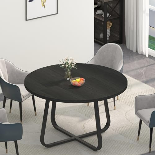 LVB Schwarzer runder Esstisch, moderner Küchentisch aus Holz, Metall, industrieller Kleiner Esszimmertisch für 4 bis 6 Personen, Bauernhaus-Kaffee-Esszimmertisch für Zuhause, Küche, Wohnzimmer