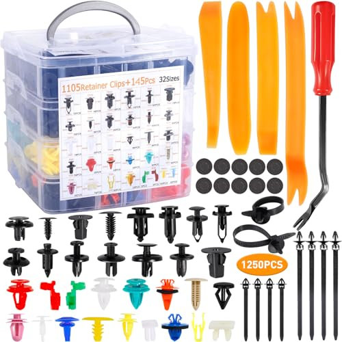 GUHAOOL Rivet Plastique Voiture, 1250 Pièces Clips Voiture, 32 Tailles Clips Plastique Voiture avec Outil de Démontage et Coussinets en éponge, Universel pour Auto Panneaux Garniture de Portière