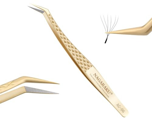 NAGARAKU Pinzette Fibra Ciglia Volume Innesto Curva Pinzetta Oro Punta Fibra Precisione Punta Curva Professionali Antistatiche Antiscivolo Inossidabile Eyelash Volume Tweezer (Golden Feather AG-06)