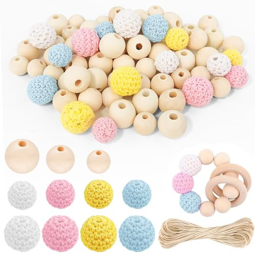 Hengxinchen 76 Stück Holzperlen 16-20mm Holzkugeln mit Loch Bunte Gehäkelte Holzperlen zum Auffädeln Holzperlen Natur Holzkugel mit Loch für DIY