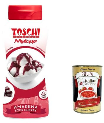 6x Toschi Topping Squeeze Amarena, Kirschen Topping Sauce für Kaffee, Cocktails, Eisbecher, Porridge, Pfannkuchen und Gebäck 200gr + Italian Gourmet polpa 400g