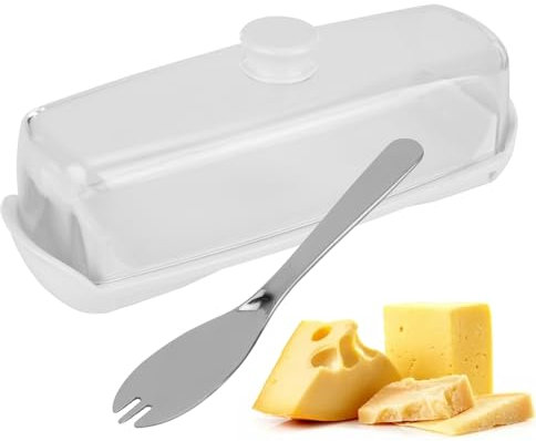 SUNJULY Beurrier Transparent Avec Couvercle Et Poignée, Cloche à Beurre Rectangulaire - Beurrier Avec Spatule Multifonctionnelle, Beurrier De Cuisine - Glacière Pour Fromage, Beurre, Fruits