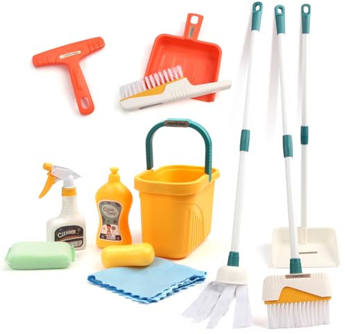 Joyfia Kids Cleaning Set, 12 Piece Toy Cleaning Set Includes Broom, Dustpan, Mop, Brush, Spray, Scraper, Bucket, Sponge and More, Pretend Play Housekeeping Kit for Toddlers Aged 3+