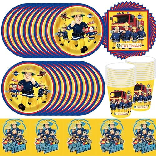 61-teiliges Feuerwehr-Geburtstagsparty-Geschirr, Kindergeburtstagsparty-Zubehör, Feuerwehr-Geschirr-Set, dekoriert mit Tischdecke, Tellern, Pappbechern, Papierservietten, 20 Gäste