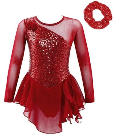 Oyolan Mädchen Eiskunstlauf Kleider Langarm Glitzer Mesh Spleiß Kürkleid Strass Tanzkleid mit Haargummi Ballettkleid Wettbewerb Kostüm