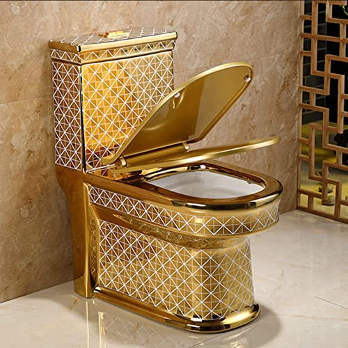 DLAZUM Inodoro Dorado, Inodoro De Una Pieza con Asiento Cómodo, Inodoros para Baño Altura Confort Alargada, Inodoro Moderno De Doble Descarga, Inodoro Dorado(Oro 26.8X29.9X14.9In(305Mm))