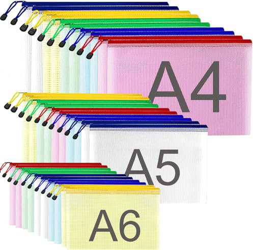 ASelected 30 pezzi buste con zip A4 A5 A6, impermeabile buste portadocumenti con cerniera, trasparenti borse di file mesh in plastica, cartelline portadocumenti per documenti, file, accessori da viagg