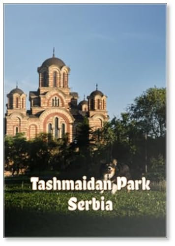 Berger australien joue avec un cône d'arbre dans le parc Tashmaidan près de l'église Saint-Marc le jour ensoleillé. Voyages vers des sites touristiques populaires en Serbie, Belgrade. Église