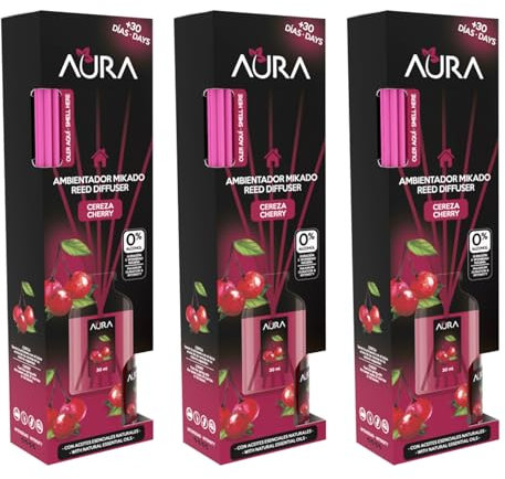 AURA | Pack 3 Ambientador Mikado con Varillas | Larga Duración 4 Semanas | 0% Alcohol | 3x30ml (Cereza)
