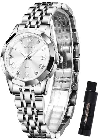 OLEVS Damen Uhr Silber Edelstahlband Analoger Quarz Damenuhr Klassisches Luxus Weiß Kleines Gesicht Römische Ziffern Diamanten Uhr Damen Leuchtend Wasserdicht mit Datum Watches for Women