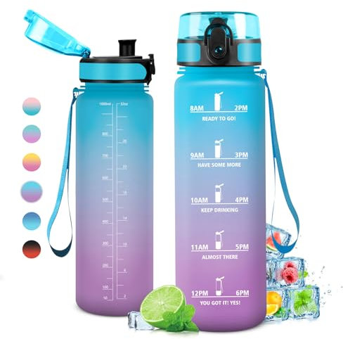 Trinkflasche 1L Kohlensäure Geeignet, Sport Trinkflasche mit Zeitmarkierungen, Sportflasche Auslaufsicher, Wasserflasche für Kinder, Erwachsener, Schule, Gym, Büro, Fahrrad, Ciclismo, Outdoor