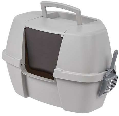 IRIS USA Large Corner Cat Litter Box Enclosed with Scoop - Privacy and Easy Access for Cleaning, Odor Defensive Hooded Litter Tray with Handle and Buckles for Portability, Fits in Most Corners, Gray