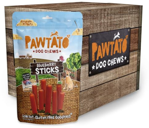Pawtato Vegan Dog Sticks - Blueberry (6 x 120g) – Low Fat, Plant-Based Chews for Training & Reward | Hypoallergenic Rawhide Alternative Made with Sweet Potato & Rice