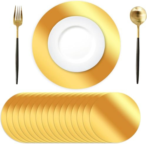 Tarklanda 50 Pcs Round Gold Placemats,13.3 Mirror Foil Decorative Place Mats Mirrored Disposable Paper Placemats for Dining Wedding Table Setting Christmas Birthday Party Table Decor
