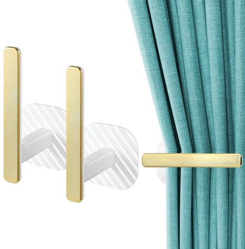 2 Pack Self Adhesive Curtain Holders, Gold Curtain Holdbacks, L Shaped Drapery Curtains Tiebacks, No Drill Curtains Hooks, Nordic Style Window Treatment Holdbacks for Home Office Decorative Decor