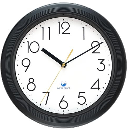 KIZLOC 28 cm Wanduhr Outdoor wetterfest, Gartenuhr draußen wasserfest, Außenuhr ohne Tickgeräusche lautlos, Quarz batteriebetriebene große Uhr für Garten, Terrasse, Schwimmbad, Badezimmer (Schwarz)