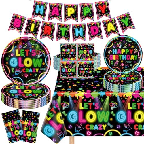 123 Pack Glow Neon Party Supplies Neon Birthday Tableware Decorations Including Plates Banner Napkins Tablecloths for Glow in Dark Theme Party Supplies Serves 40