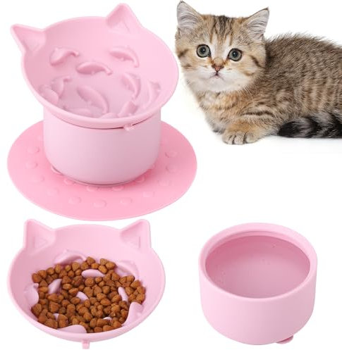 Partideal Anti Schling Napf Katze Erhöht,katzennapf erhöht Antischlingnapf Katze, Slow Feeder Katze Nassfutter, Rosa Katzen Napf Mit Anti Rutsch Matte für Katzen und Kleine Hund