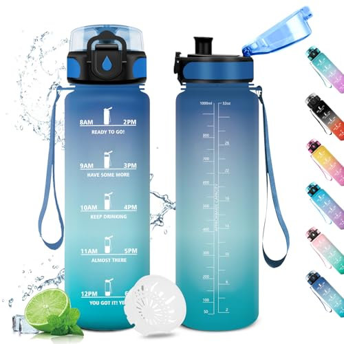 KollyKolla Gourde 1L, Gourde Motivation 1L, Étanche & Réutilisable, Gourde Sport avec Filtre et Marqueur de Temps, Gourde sans BPA, pour Enfant, Adulte, Cyclisme, Bureau, l'école, Camping, Gym, Sport