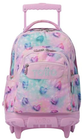 TOTTO - Mochila Escolar con Ruedas, Modelo Renglones, Capacidad 26,21 Litros, Bolsillo para PC 14, Bolsillo Botella, Correas en S para Mayor Comodidad, Resistente, Estampado Shiny Heart Glitter