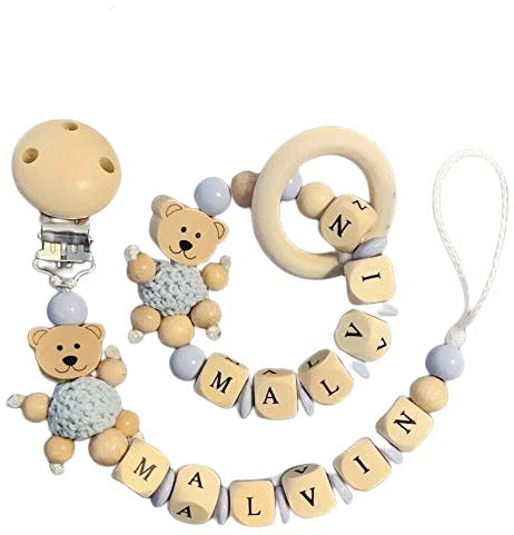 2er Set Schnullerkette & Greifling mit Namen Jungen Mädchen Personalisierte Schnullerband Holz Clip Baumwolle Schnuller Clips für Neugeboren (Blau Teddy Set)
