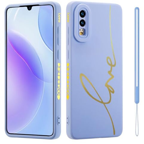HAONANDE Étui pour Huawei P20, Housse Mignon Bling de Luxe pour Filles Femme avec Doré Motif de Coeur d'amour dragonne Cordon, Ultra Fine Souple TPU Antichoc Coque Bleu