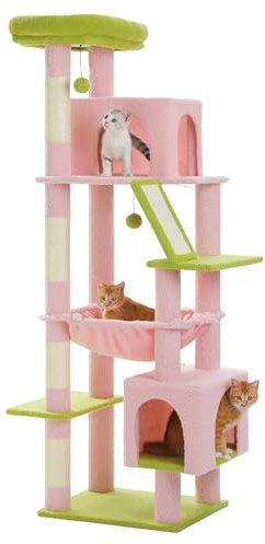 PAWZ Road Arbre à chat haut pour grands chats, tour robuste avec hamac extra large, 4 arbres à chat en sisal et 2 niches spacieuses, idéal pour les chats Maine Coon, 180 cm, rose