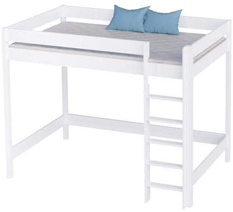 KidsComfort Hochbett Kinder Hugo 180x80 cm weiß mit Matratze I Kinderbett Kinderhochbett mit Treppe aus Holz I Hochbett Jugendliche I Loft Bed für Kinderzimmer