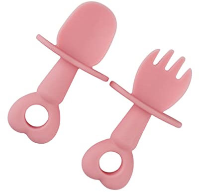 OFFIGAM 2 Stück Silikongabel Löffel Set Kinderbesteck Säuglingslöffel Aus Silikon Babybesteck Silikonlöffel Babygeschirr Kindergeschirr Kinderlöffel Rosa Kieselgel