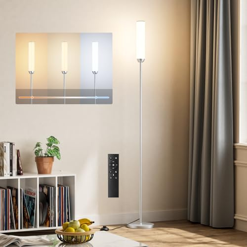 PreeOtti LED Stehlampe Wohnzimmer Dimmbar, Deckenfluter LED Dimmbar, Moderne Standleuchte Wohnzimmer mit Fernbedienung & 5 Farbtemperaturen Stufenlos, Grau