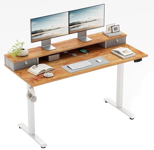 Klicelor Höhenverstellbarer Schreibtisch mit Doppelschubladen, Elektrisch Höhenverstellbarer Schreibtisch, Sitz-Steh-Computertisch, Ergonomischer Stehschreibtisch, 100 x 60 cm, Hellbraun