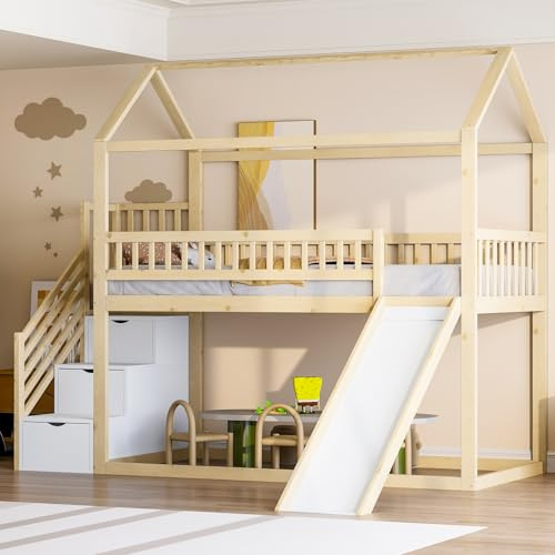 Sweiko Lit pour Enfant 90 x 200 cm, lit Mezzanine avec Toboggan et échelle de Rangement, Conception surélevée avec barrières de sécurité, Cadre de lit en Bois Massif (Natural Wood)