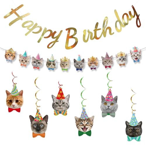 Werownsgso 3 Stück Katzen Geburtstag Deko Katzenthema Geburtstagsparty Dekorationen Katzen Happy Birthday Banner Cat Wirbel Hänge-Ausschnitte Deko Cat Party Girlande für Haustier Thema