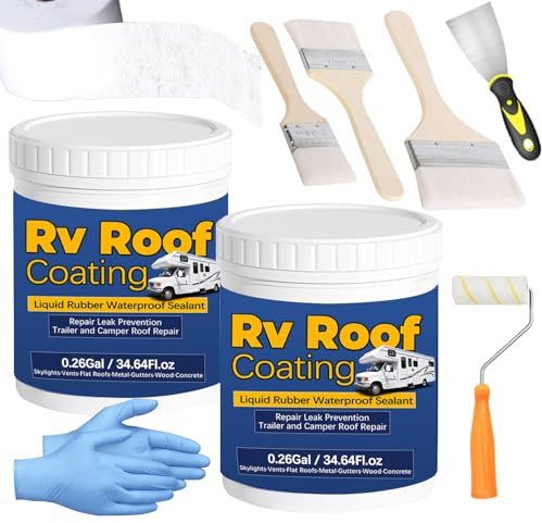 0.52Gal/69.28Fl.oz Blanco Sellador Impermeable Goma Líquida Rv Revestimiento de Techo Camper Reparación de Techo Solar Reflectante Cepillo de Madera Masilla Cuchillo Nitrilo Guantes Rodillo Drywall