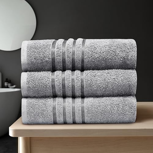 GC GAVENO CAVAILIA Stripe Towels Bath Sheets 3Pack | 90X150 Cm 550 GSM Grey Bath Sheets Extra Large For Bathroom, Spa | Quick Dry & Highly Absorbent, Washable Cotton Towels Set XL Bath Sheet