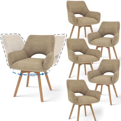 JIJIAN 6er Set 360° Drehbare Esszimmerstühle mit Armlehnen, Braun | Drehbar Stühle Esszimmer mit Holzbeinen, Moderner Küchenstuhl aus Cord, Polsterstuhl für Esszimmer, Küche, Wohnzimmer