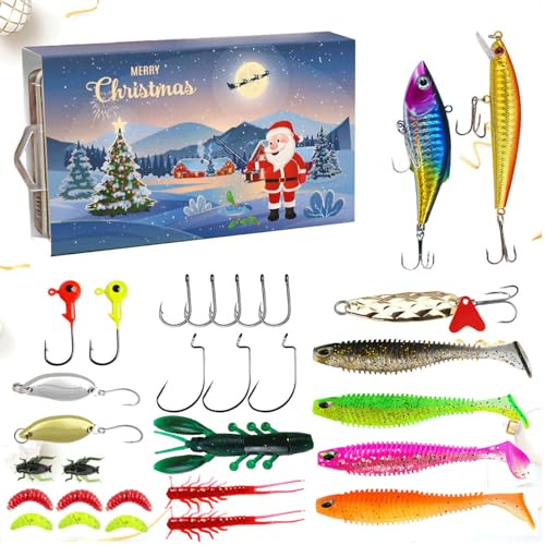 2025 Angel-Adventskalender 2024, Erwachsene, Herren, Jungen, 24 Tage, Countdown-Kalender mit Löffeln, Crankbait VIB, Xmas für Vater, Granpa, Freund (Blau, 19 x 10,6 x 3,3 cm)