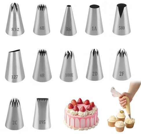 MFUSUL 12 Stück Edelstahl Spritztüllen Set,Tüllen für Spritzbeutel,Profi Großtüllen Wiederverwendbar,Backzubehör für Kuchen Torten Cupcakes Dekoration