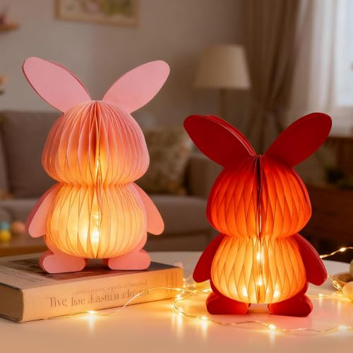 Osterdeko Papier Osterhase Figur mit LED Lichterkette, 2 Stück Beleuchtet Ostern Deko Hase Figuren 3D Papier Waben Osterdeko Modern Tisch Osterhasen Figuren Groß für Osterdeko Innen Tisch Fenster (A)