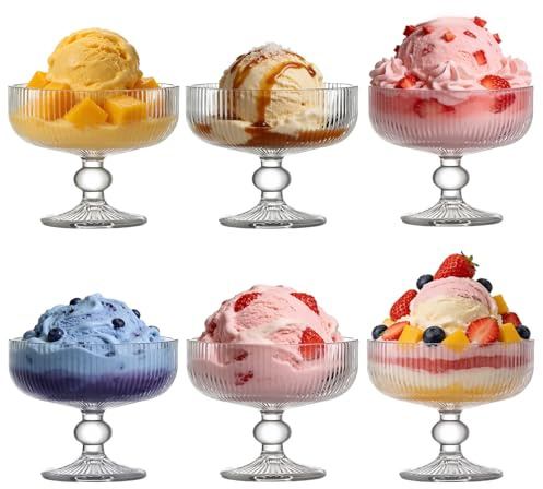 MYKAGS Gläser Set 6 Dessertschalen, Vintage Dessertschalen mit Streifenprägung und Glasfuß, für Eis, Snacks, Salat, Süßigkeiten und Kuchen