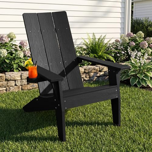 Adirondack Stuhl mit Getränkehalter für Outdoor Garten: Modern Adirondack Chair Kunststoff HIPS Wetterfest - Übergröße Adirondack Relaxsessel Outdoor Stuhl für Balkon/Feuerstelle/Terrasse(Schwarz)