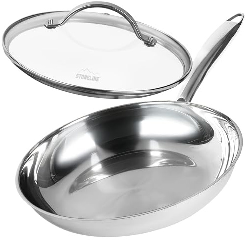 STONELINE PURE Edelstahlpfanne 28 cm, Pfanne mit Deckel, Edelstahl Bratpfanne ohne Beschichtung, spülmaschinenfest, ofenfest, für alle Herdarten und Induktion geeignet