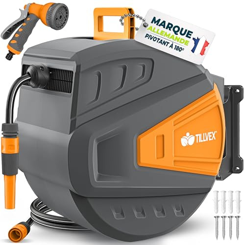 tillvex® Schlauchtrommel Wasser 35 m + 2 m mit Wandhalterung + Tragegriff Automatik Gartenschlauch-Schlauchabroller 180° Schwenkbar | Wand-Schlauchbox Automatisch + Multi Handbrause mit 9 Modi