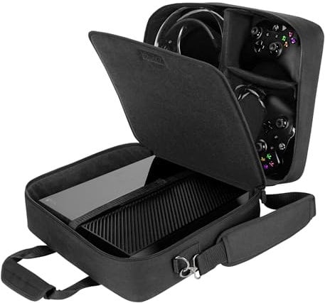 USA Gear Tragetasche für Gaming Konsolen - Schutz Konsolentasche mit Schultergurt und Unterteilbaren Fächer für Zubehör und Games – Kompatibel mit Playstation 4, Xbox One und Mehr Konsolen - Schwarz