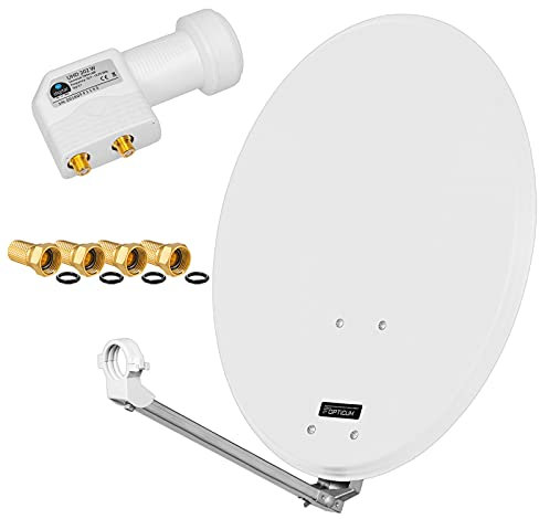 hb-digital SAT Anlage Set: 60cm Spiegel von Opticum Schüssel aus Stahl in hellgrau + Twin LNB UHD 202 W in weiß von hb digital 2 Teilnehmer DVB-S/S2 FullHD 3D 4K Ultra HD + 4X F-Stecker vergoldet