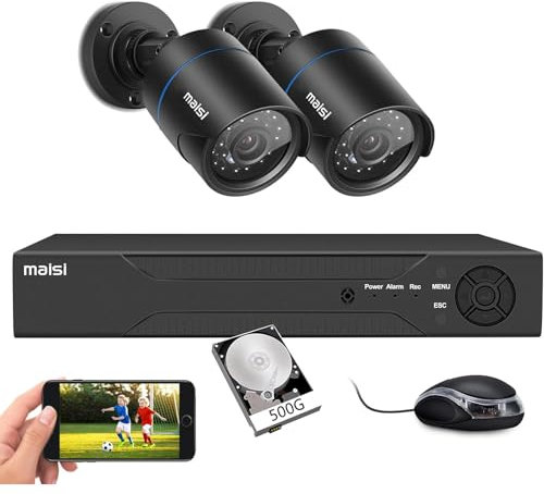 Maisi 4 Channel Smart DVR CCTV Camera System w/500GB Hard Drive, 2x 5MP Weatherproof Outdoor Security Bullet Camera, Night Vision, Remote Access, Motion Detection