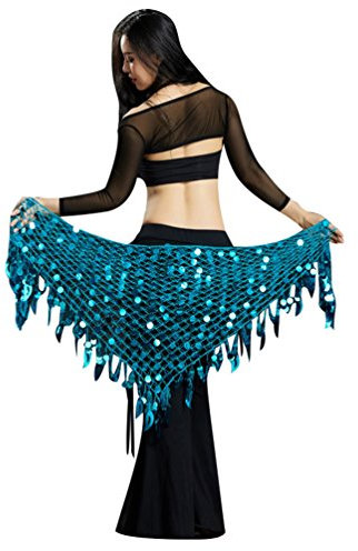 YuanDian Damen Dreieck Bauchtanz Wickel Hüfttuch Gürtel Hüfte Schal Wrap Pailletten Mermaid Professionelle Tribal Arabischen Orientalische Belly Dance Taille Kette Röcke See Blau