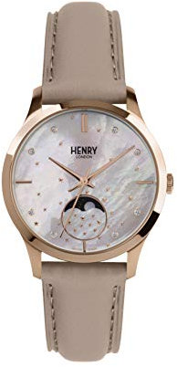 Henry London Unisex Erwachsene Mondphase Quarz Uhr mit Leder Armband HL35-LS-0320