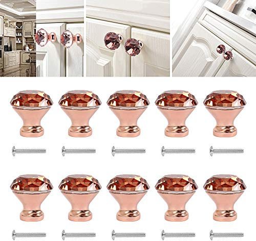 FlowersSea 10PCS 30mm Rose Gold K9 Crystal Cabinet Doors Knob Diamond Shape Glass Cabinet Door Wardrobe Cupboard Knob and Pull Handle for Kitchen Bathroom Drawer (10 Pcs)